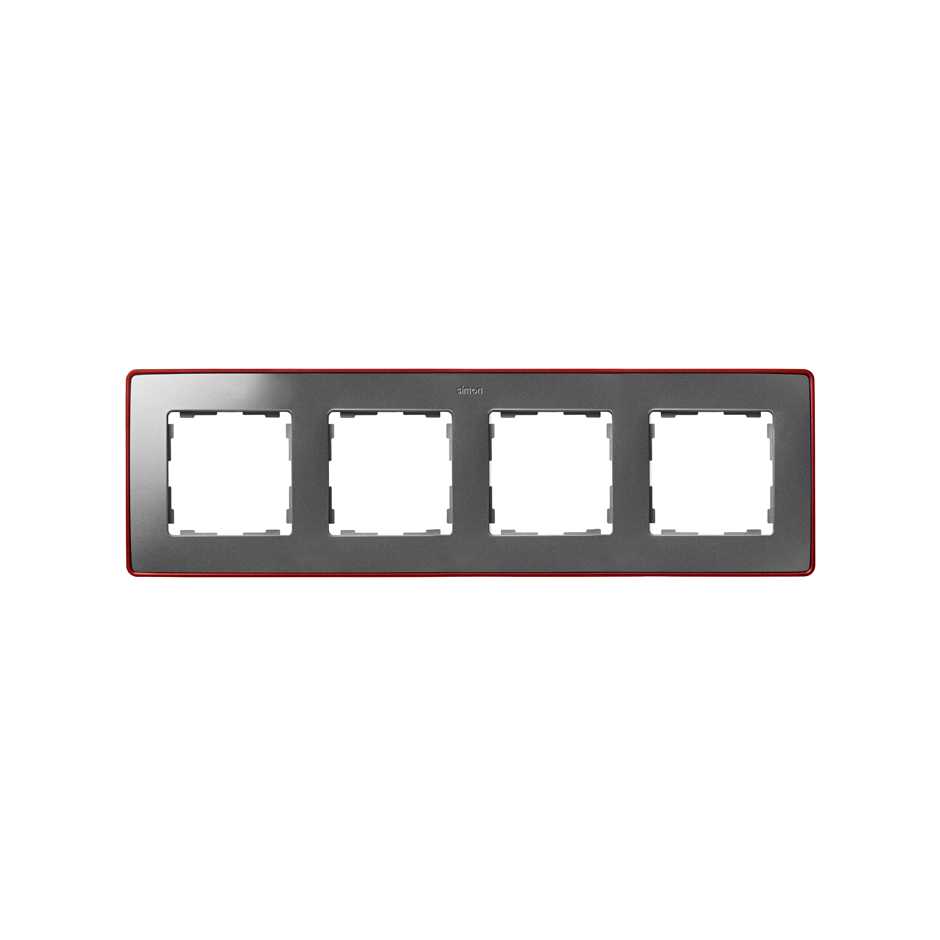 Рамка на 4 поста цвета холодный алюминий с металлическим основанием матового красного цвета S82 Detail