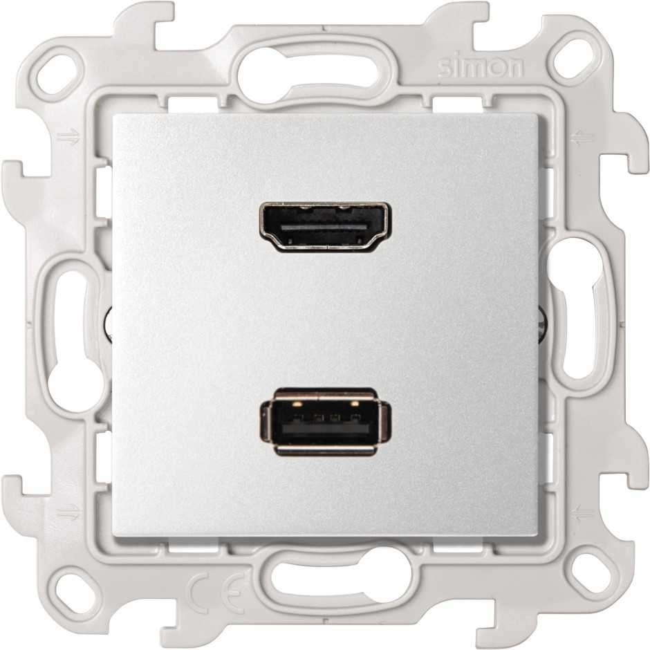 Розетка HDMI v1.4 + USB 2.0 Тип А цвета алюминий Simon 24 Harmonie
