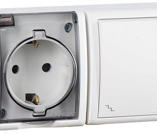 Simon 15 Aqua Белый Блок: Розетка 2P+E Schuko 16А 250В + выключатель проходной 10А 250В, IP54