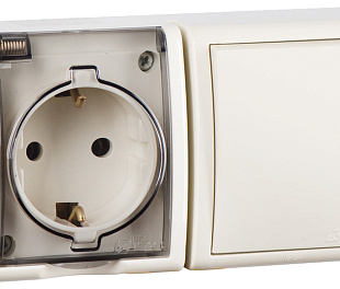 Simon 15 Aqua Бежевый Блок: Розетка 2P+E Schuko 16А 250В + выключатель 10А 250В, IP54