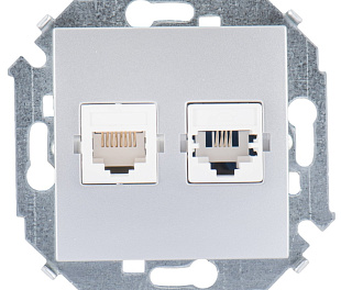 Simon 15 Алюминий Розетка ТЛФ + комп RJ11+RJ45 кат.5е